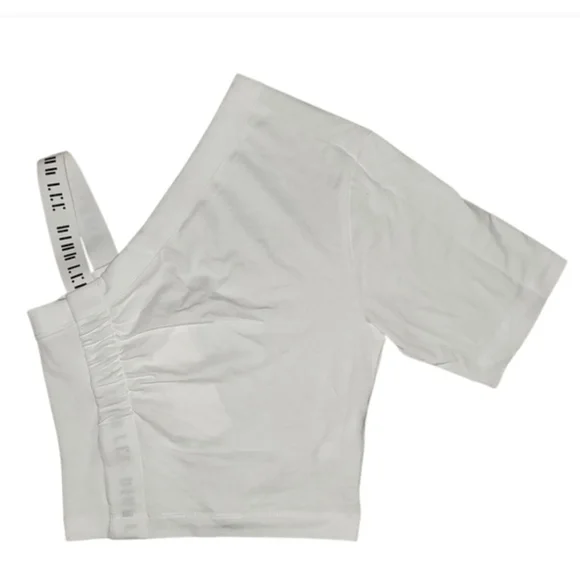 NWT Dion Lee Midweight Jersey Asymmetrical Gathered White Logo Tee - Size 0